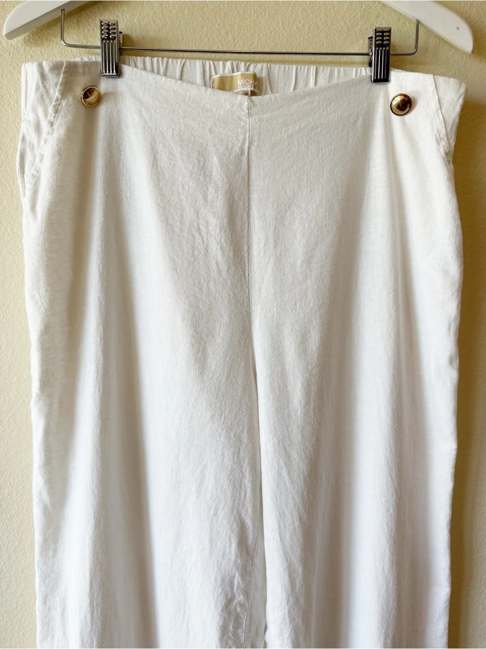 Michael Kors White Linen Blend Wide Leg Trousers Gold Button Detail